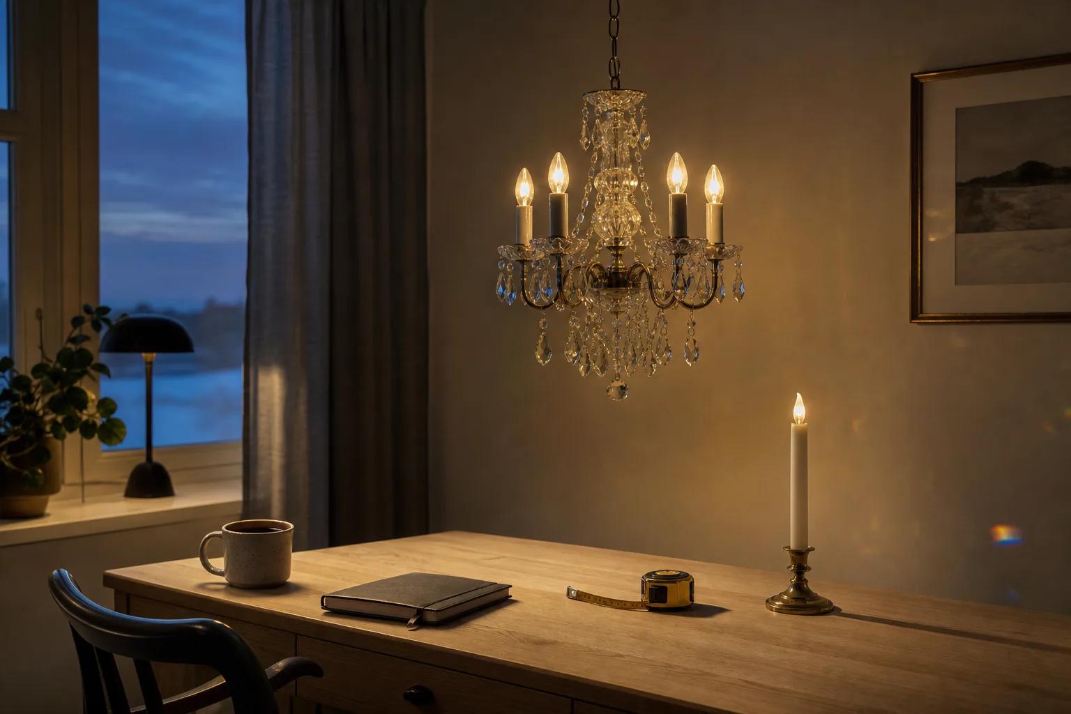 Skrivbord med kaffe och LED-kronljus i kvällsljus