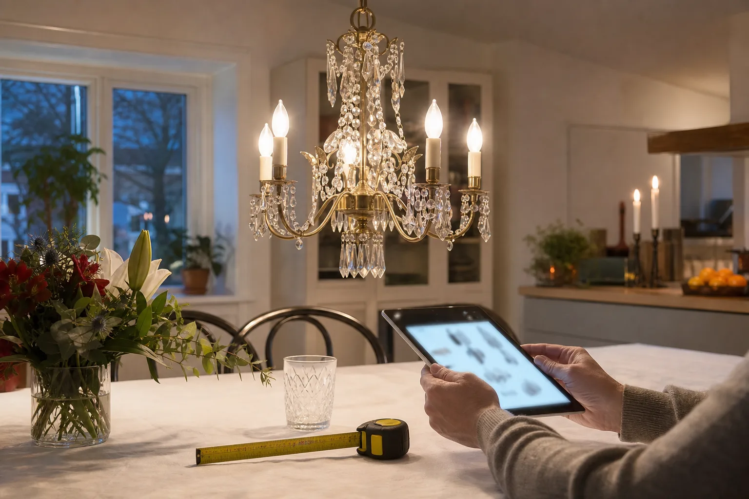 Kristallkrona och surfplatta vid svenskt matbord