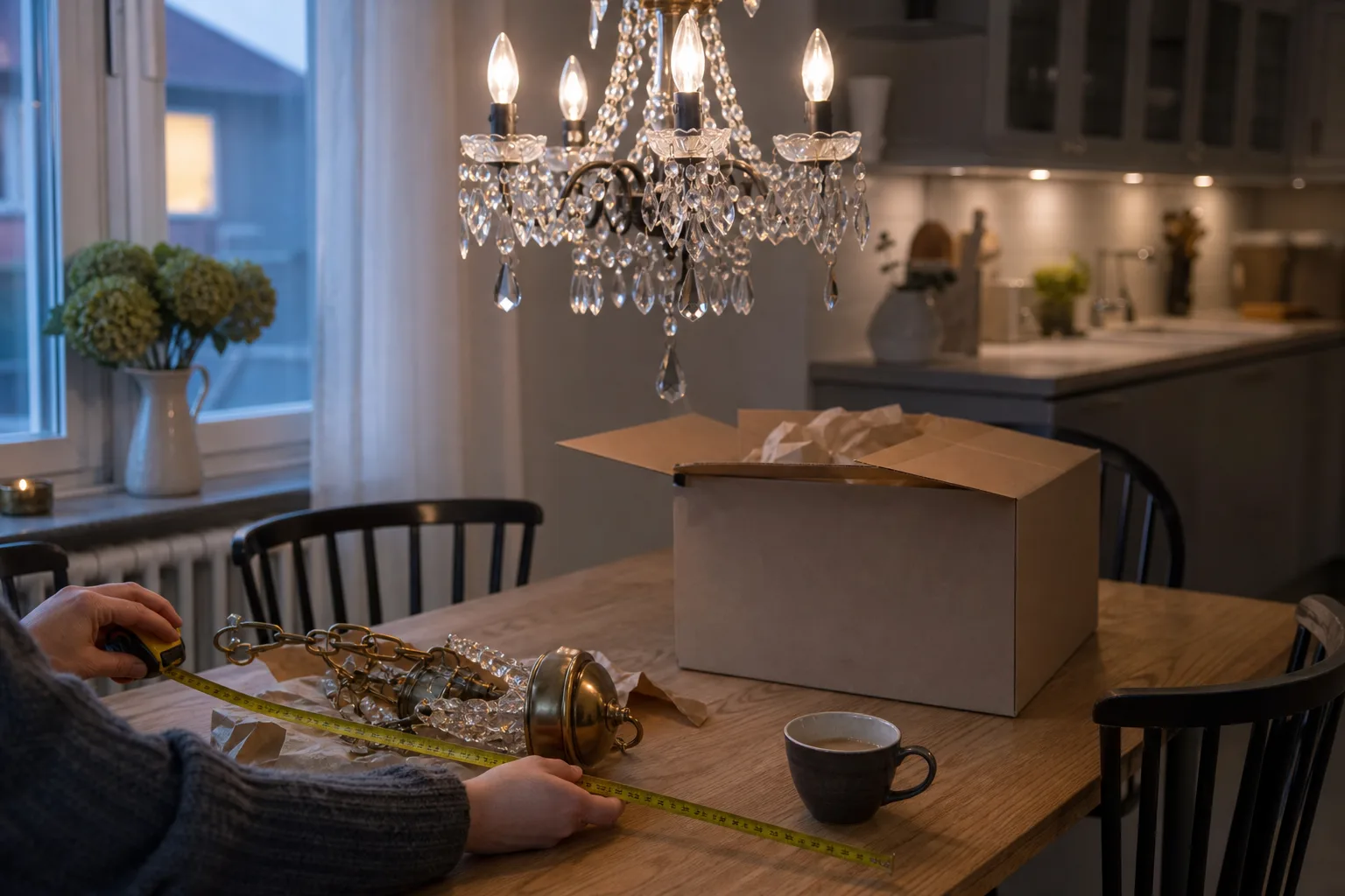 Måttband och neutral kartong under tänd taklampa
