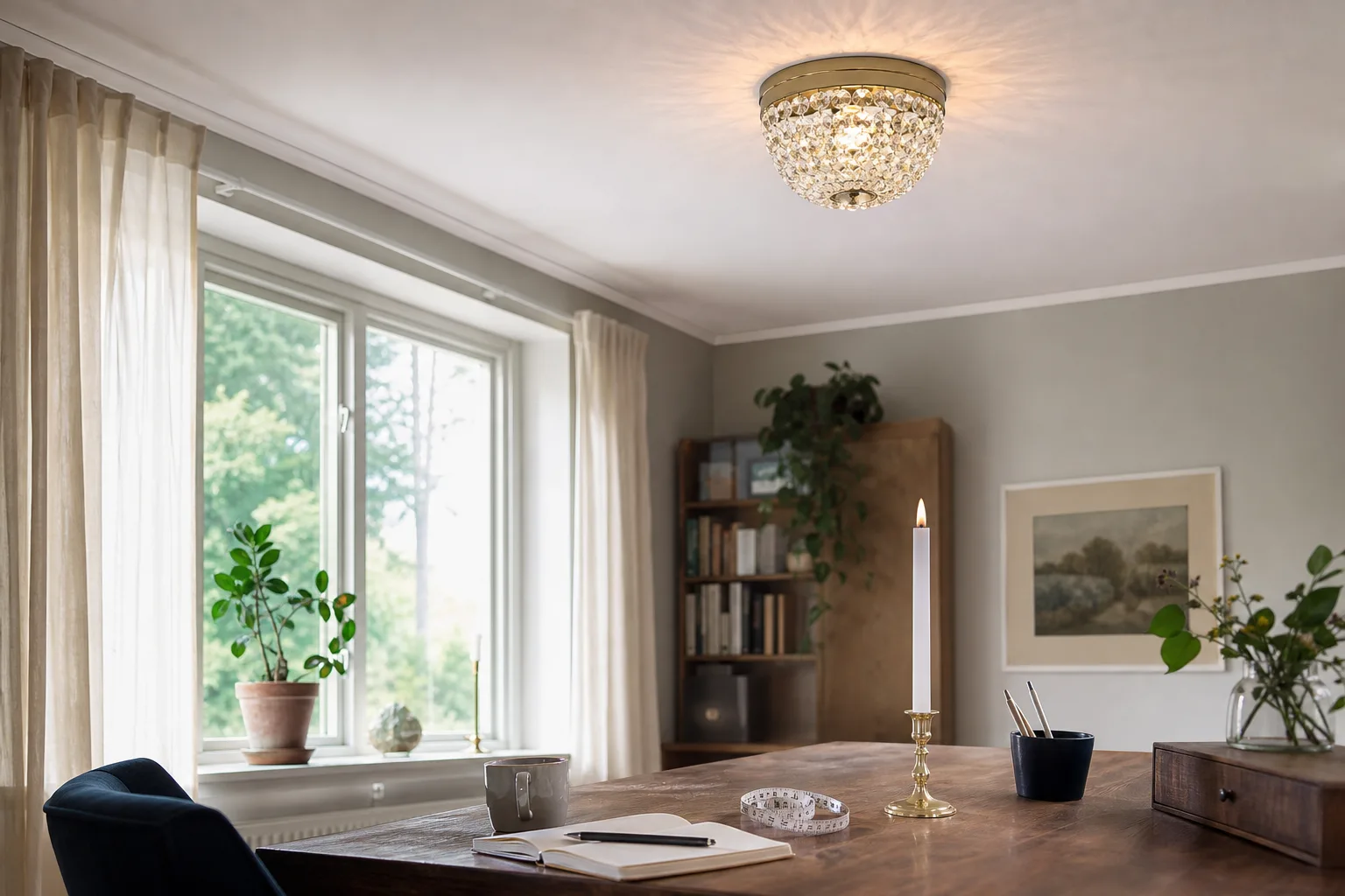 Skrivbord under tänd plafond med måttband och kaffe