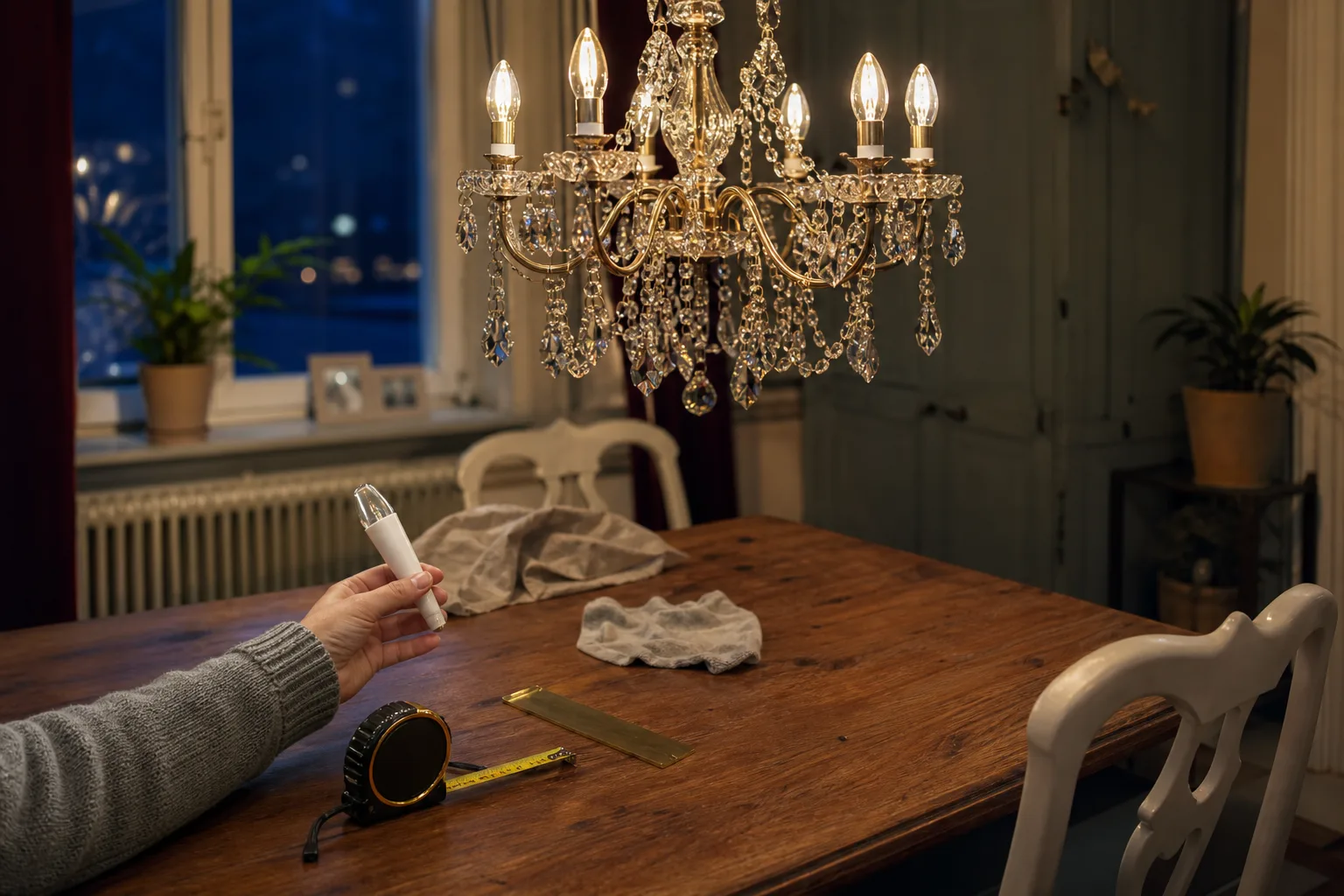 Måttband och LED-kronljus under tänd ljuskrona