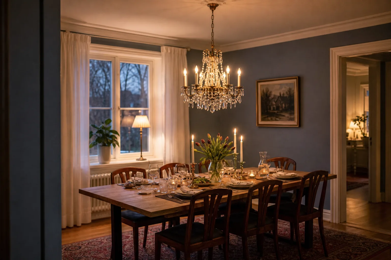 Kristallkrona på rätt höjd över långt matbord