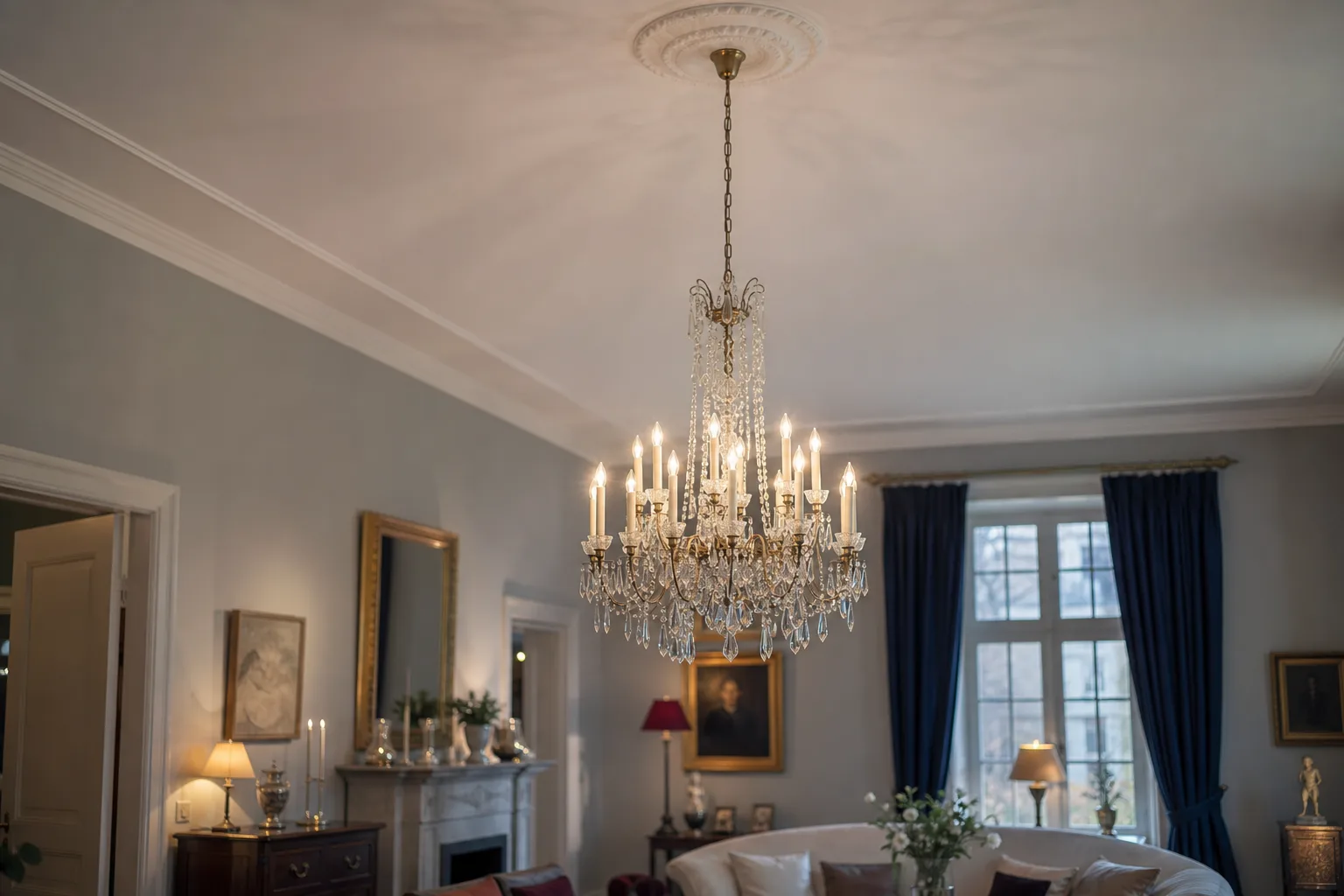 Stor kristallkrona i vardagsrum med högt tak