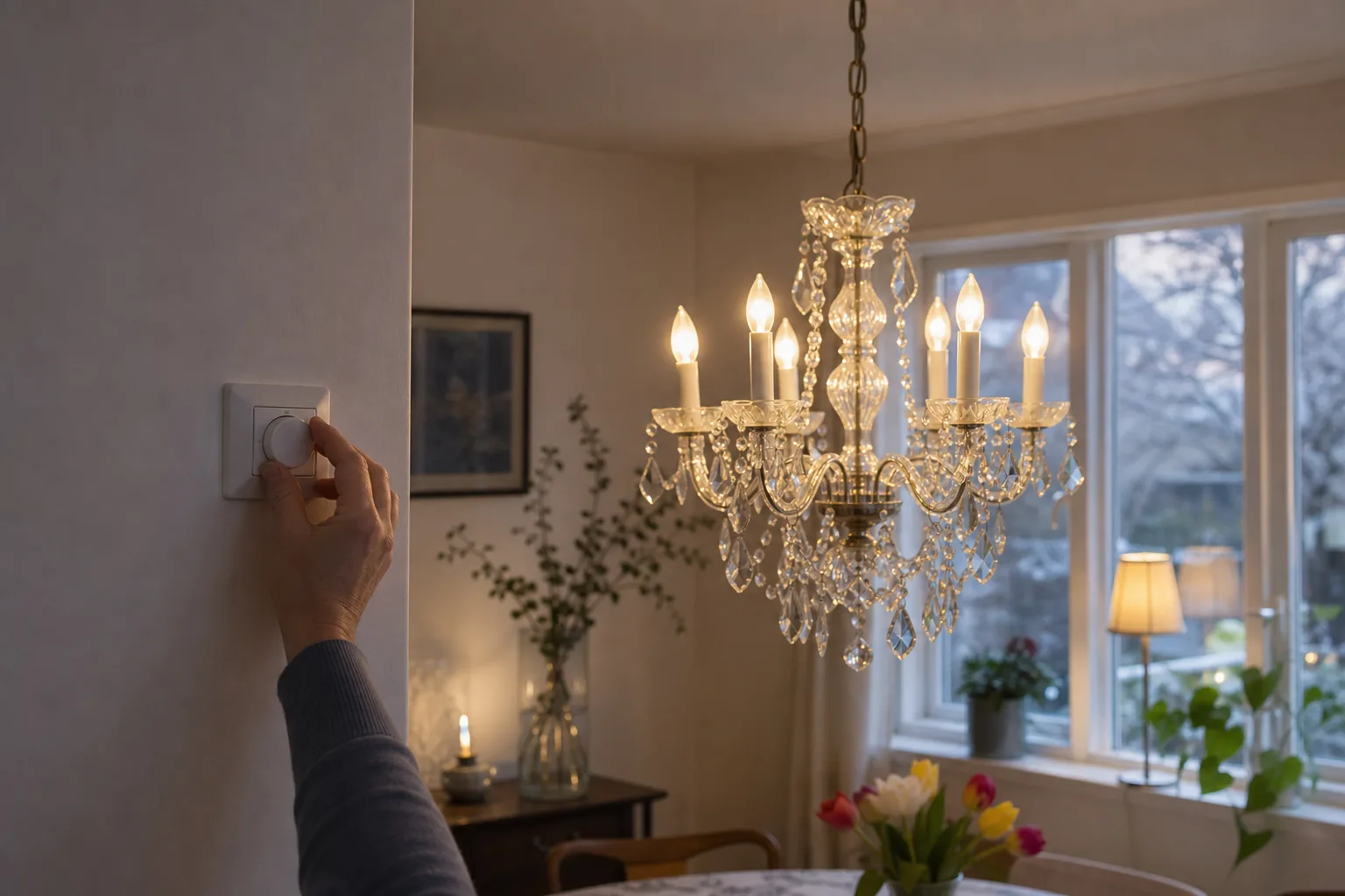 Hand justerar dimmer bredvid tänd ljuskrona