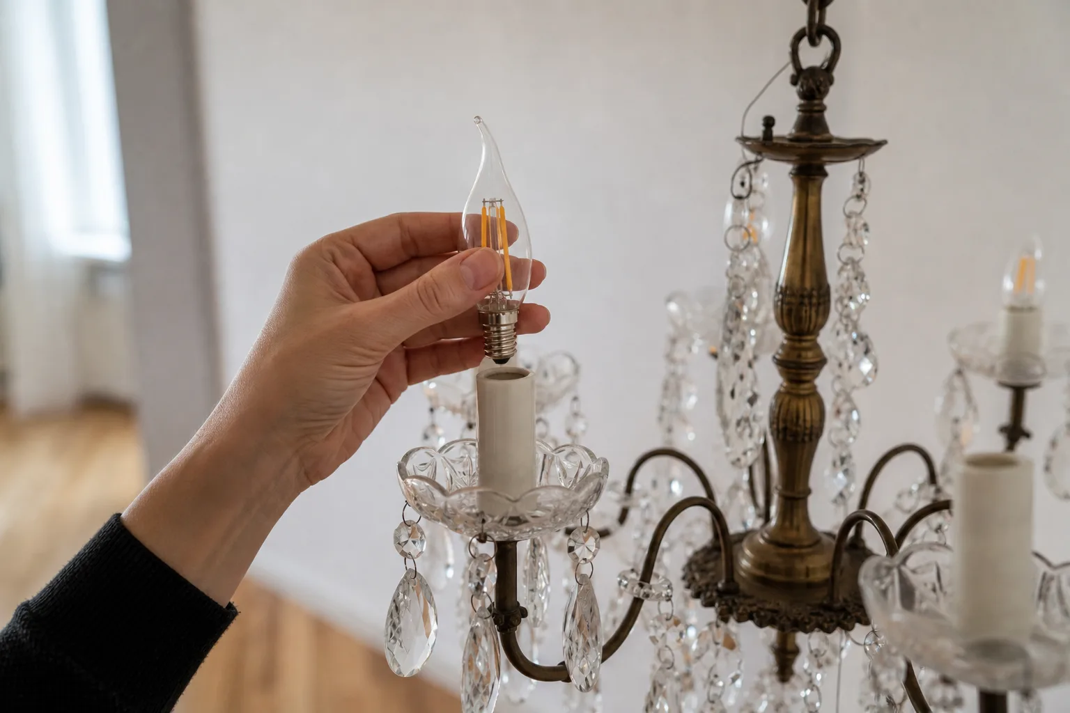 Hand sätter LED-kronljus i E14-hylsa