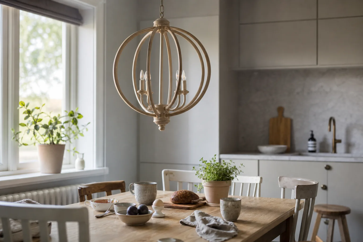 Ljus träkrona över frukostbord i kök