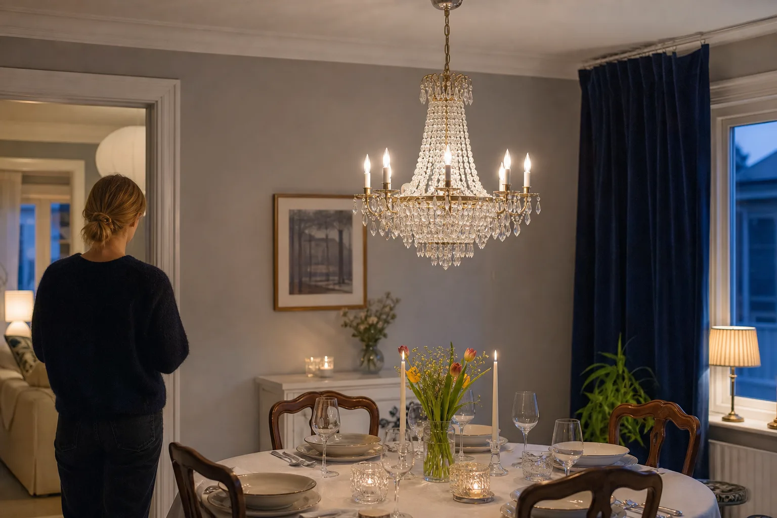 Kristallkrona med täta prismor i matsal