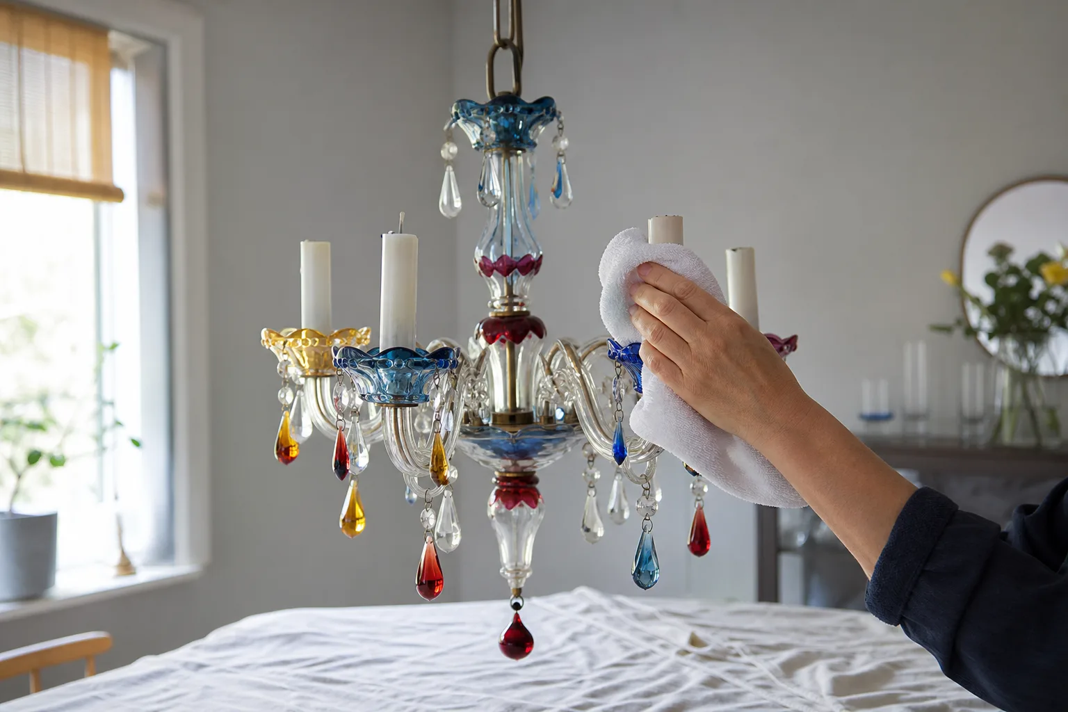 Hand torkar färgad glasdel med mikrofiberduk