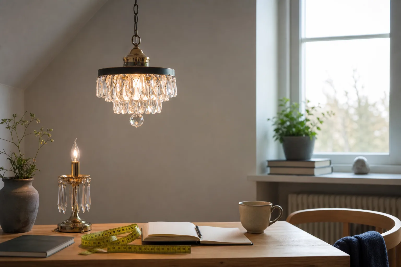 Skrivbord med måttband och LED-kronljus under taklampa