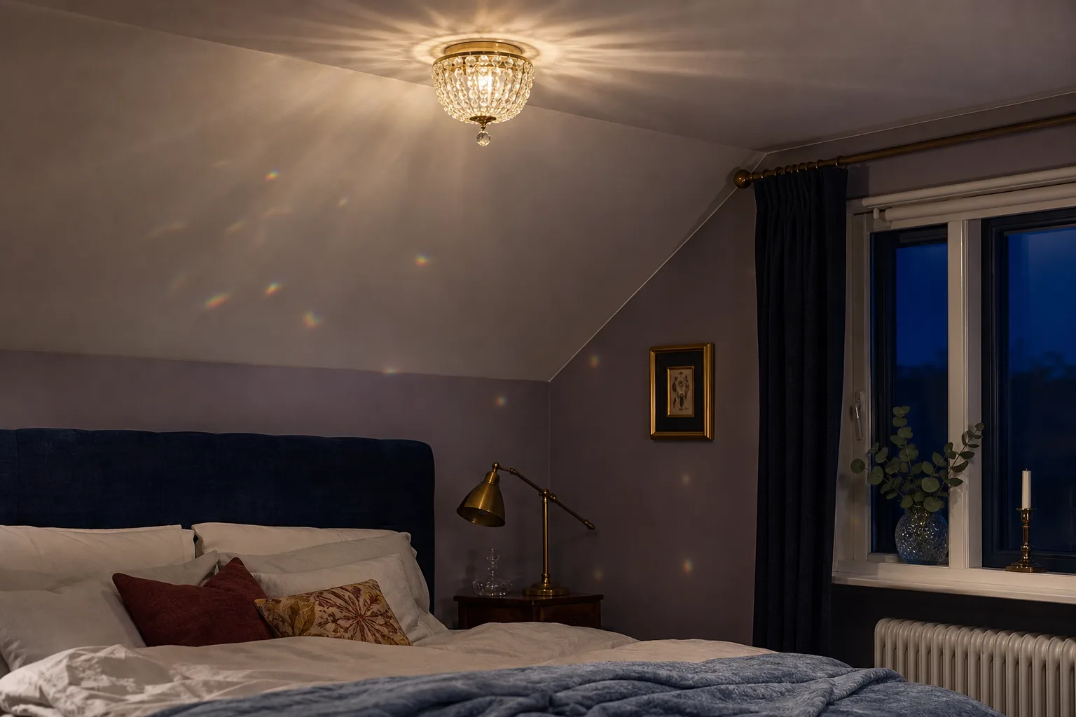Kristallplafond i sovrum med snedtak