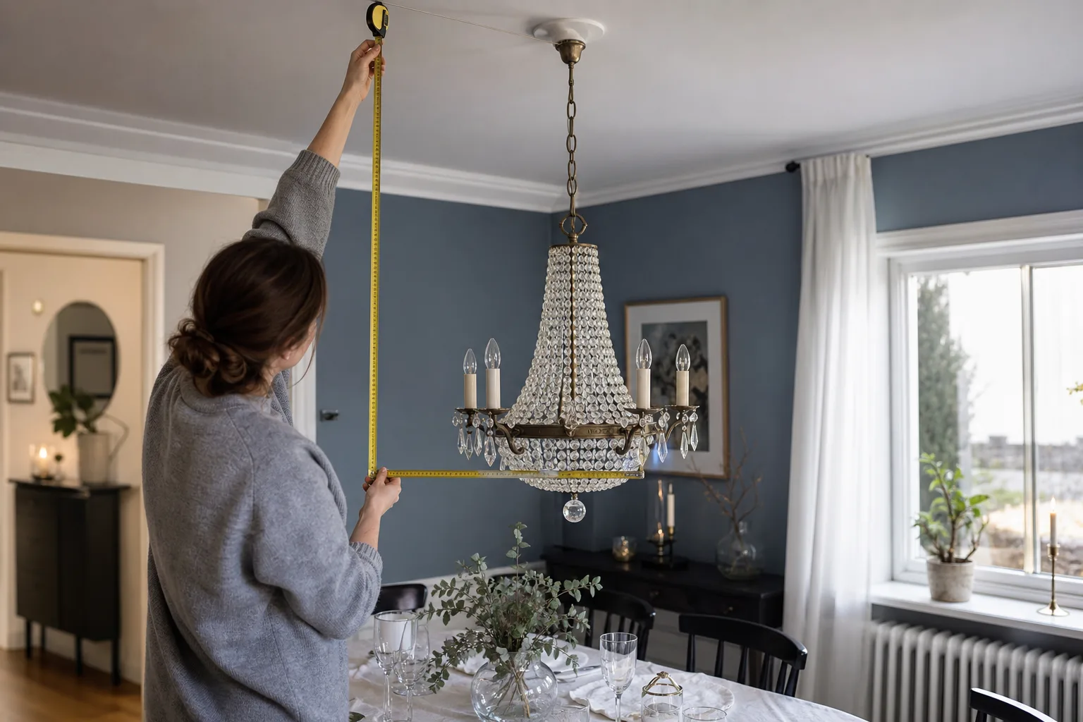 Måttband mellan ljuskrona och matbord