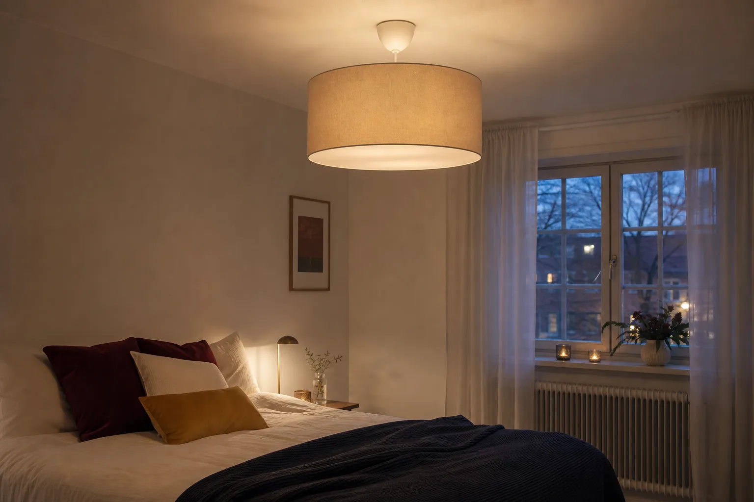 Mjuk taklampa i rofyllt svenskt sovrum