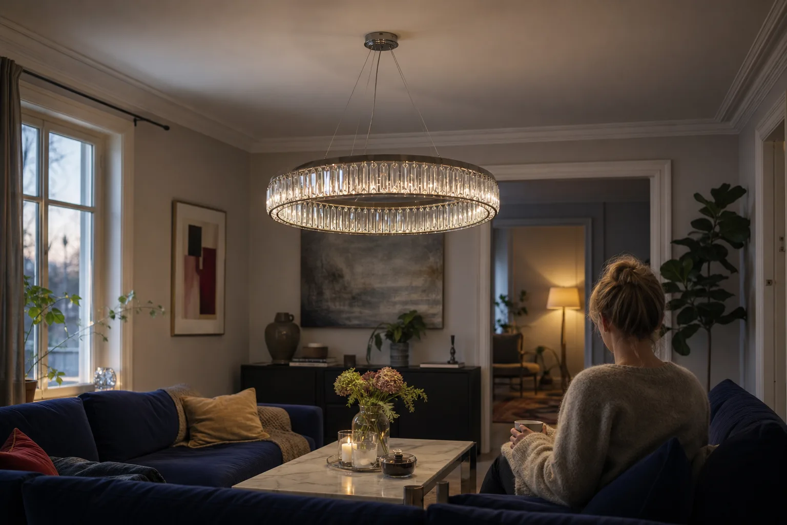 Stor ringformad taklampa över soffgrupp
