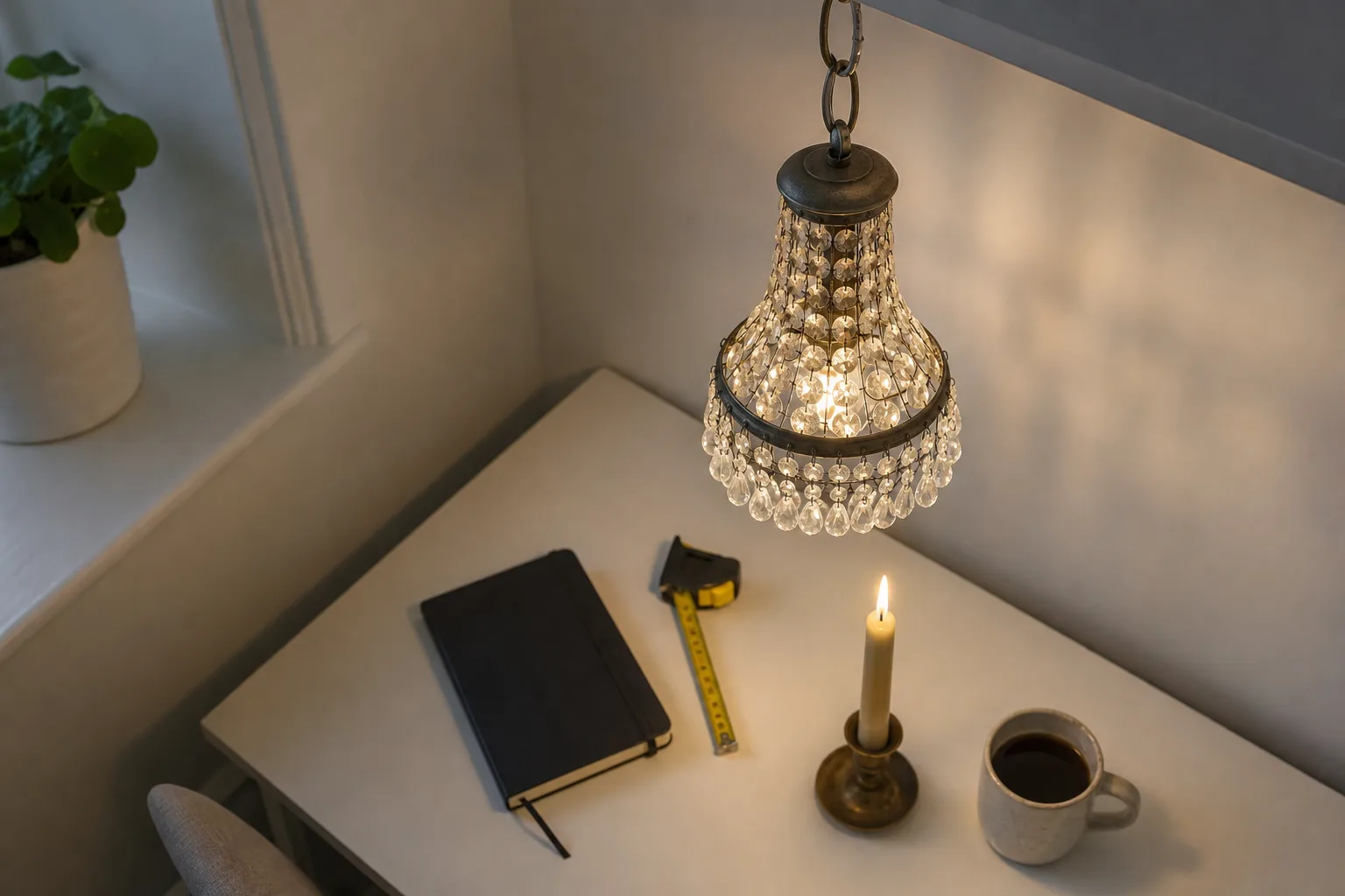 Skrivbord ovanifrån med måttband och LED-kronljus