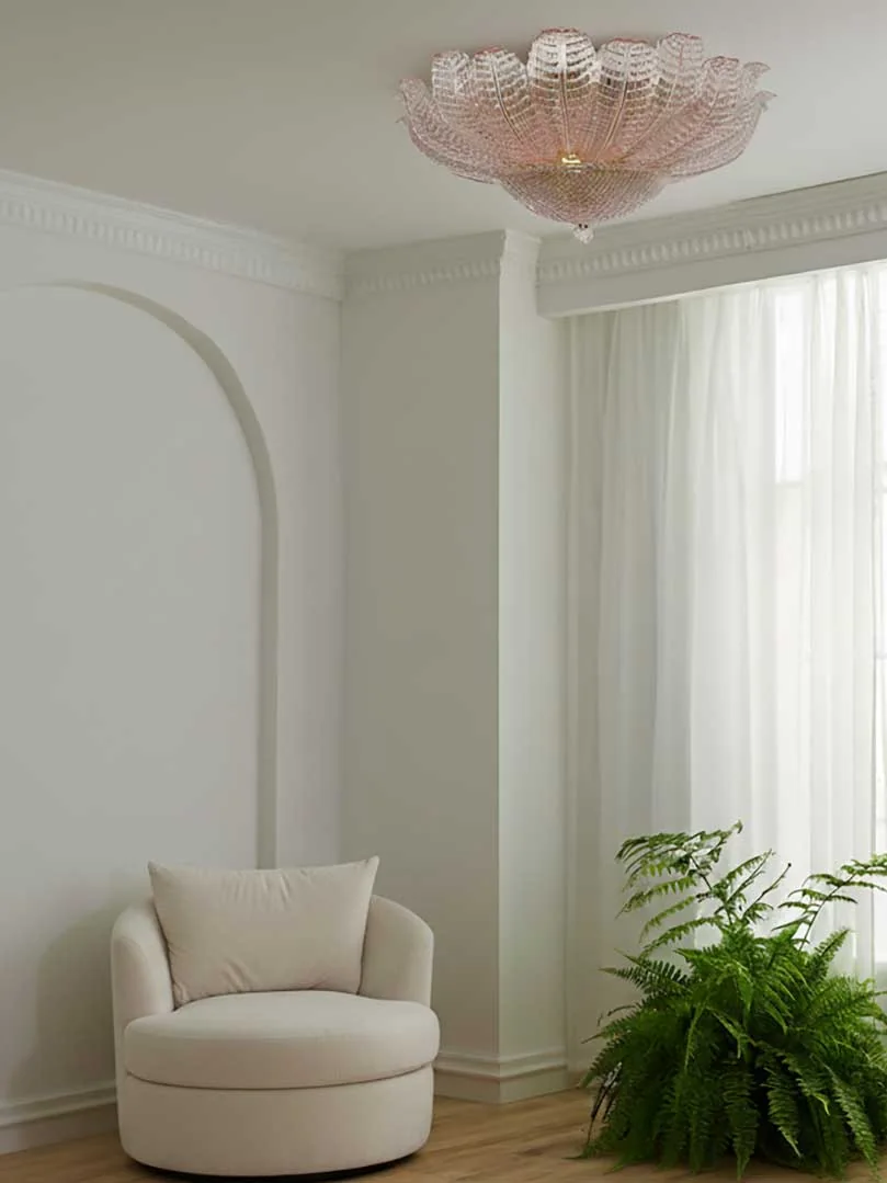 Murano taklampa Blomst med bladformade glas i rosa