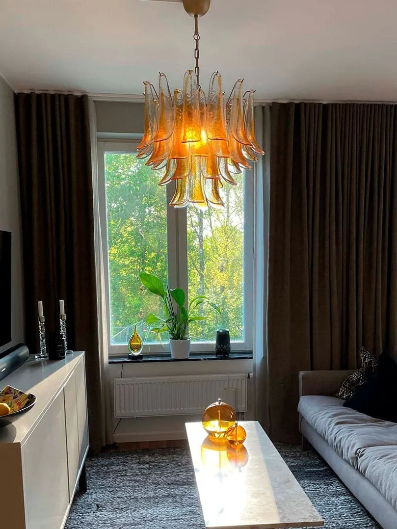 Murano ljuskrona – 36 kronblad – Bärnsten Krom patinerad