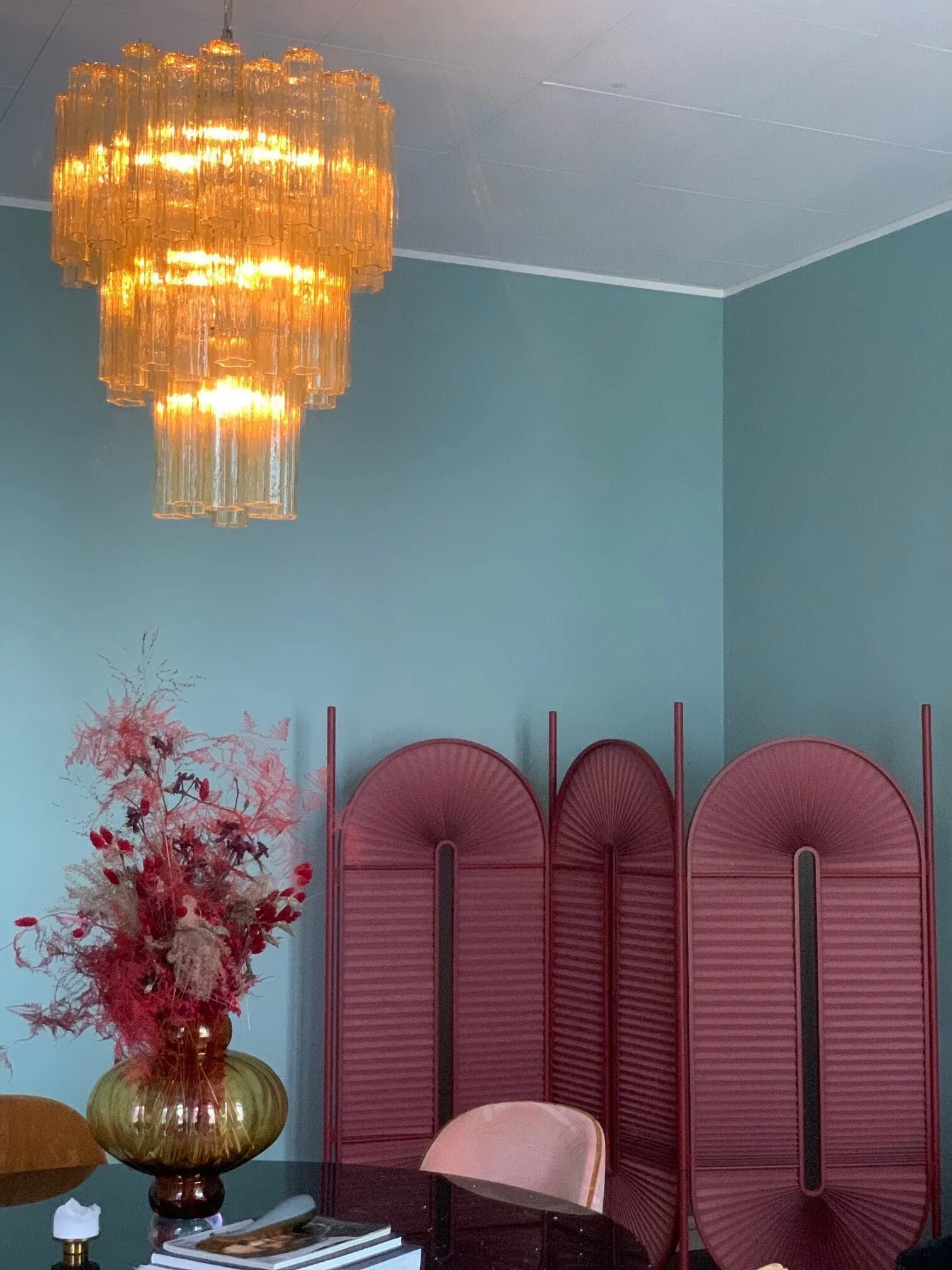 Murano ljuskrona – 48 rör – Klar bärnsten Krom patinerad