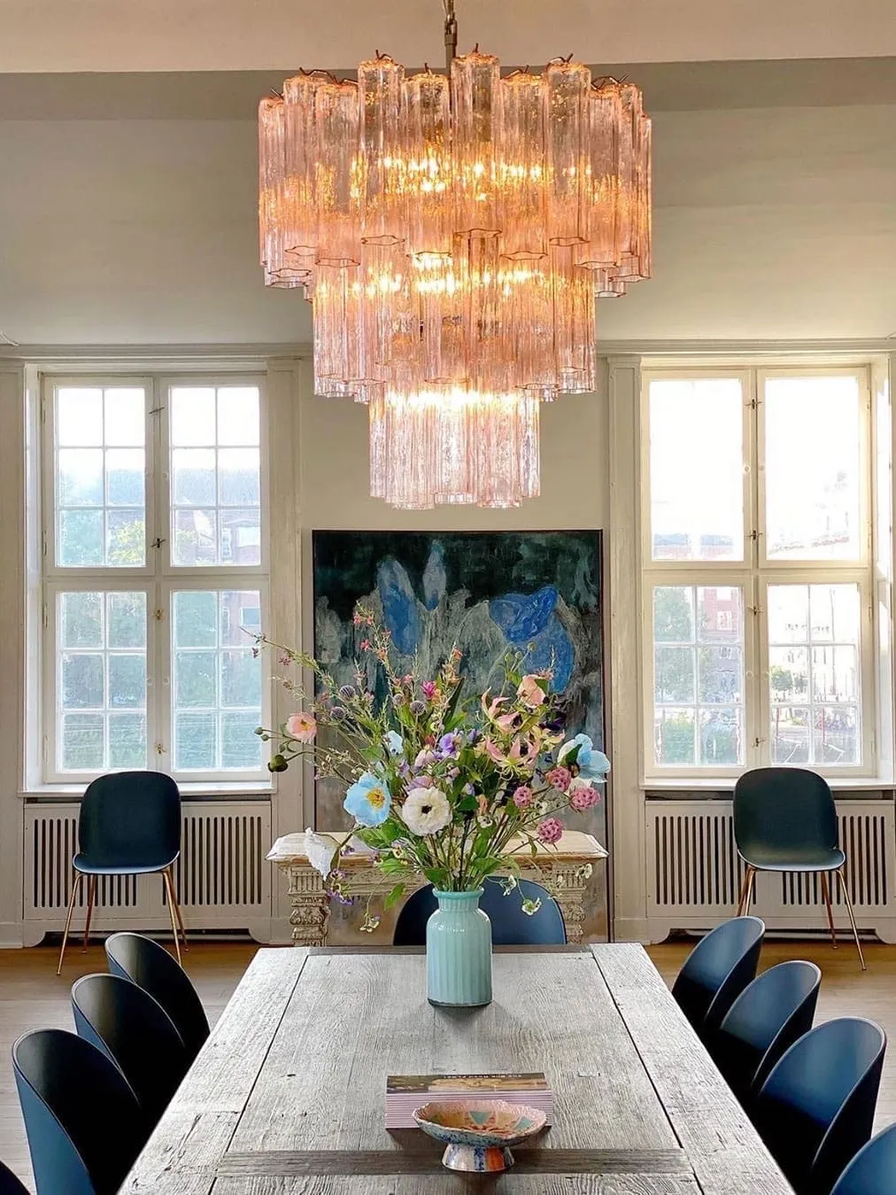 Murano ljuskrona – 48 rör – Rosa Krom blank