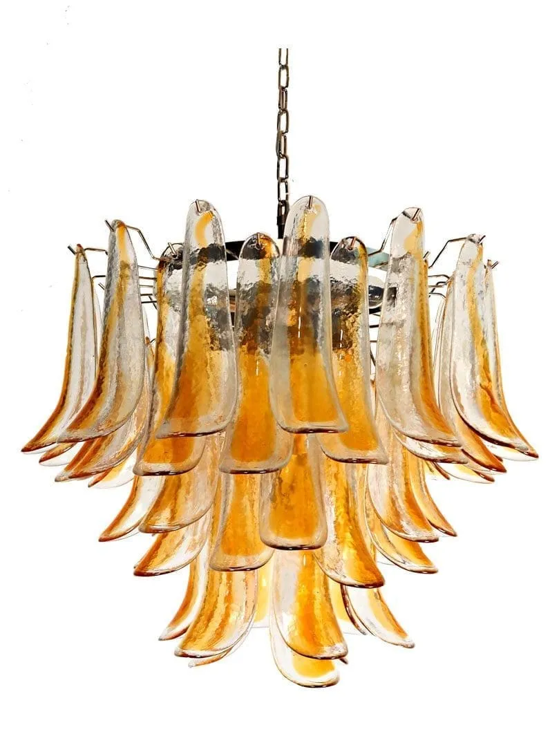 Murano ljuskrona – 53 kronblad – Klar/Bärnsten Krom patinerad