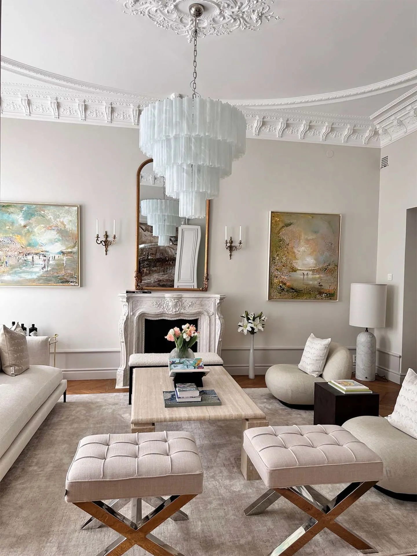 Murano ljuskrona – 78 rör – Alabaster – Vit Krom patinerad