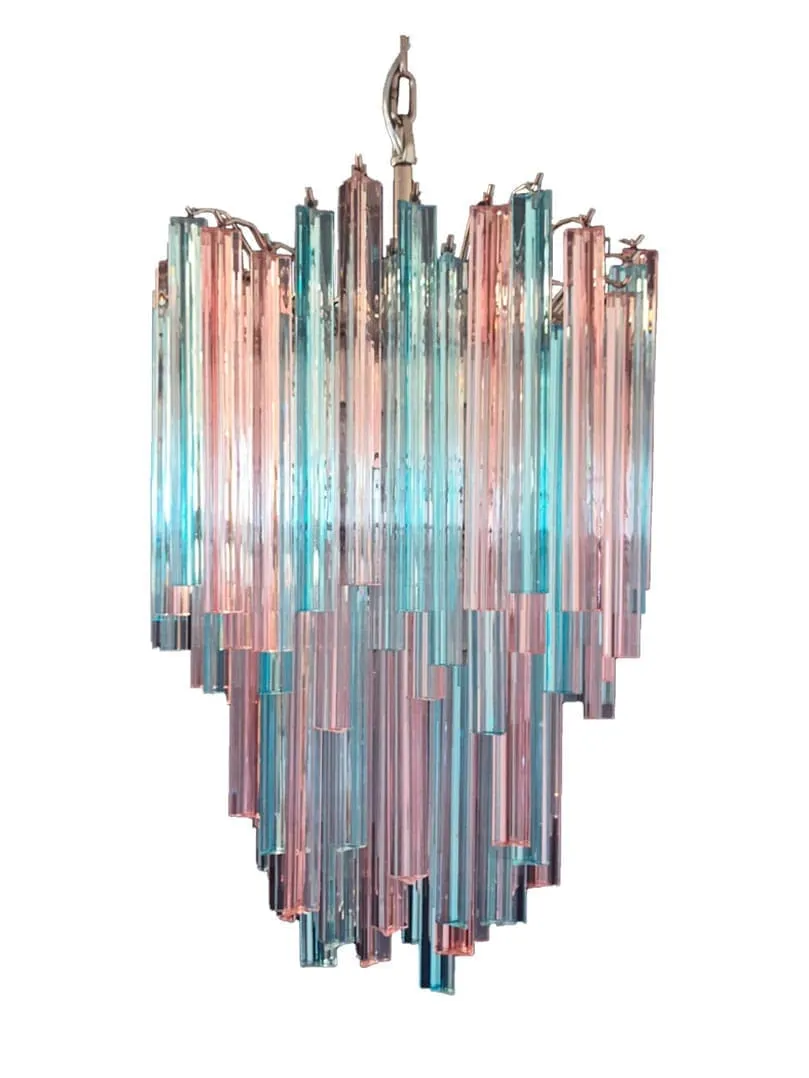 Murano ljuskrona – 92 prismer – Rosa/Blå Krom patinerad