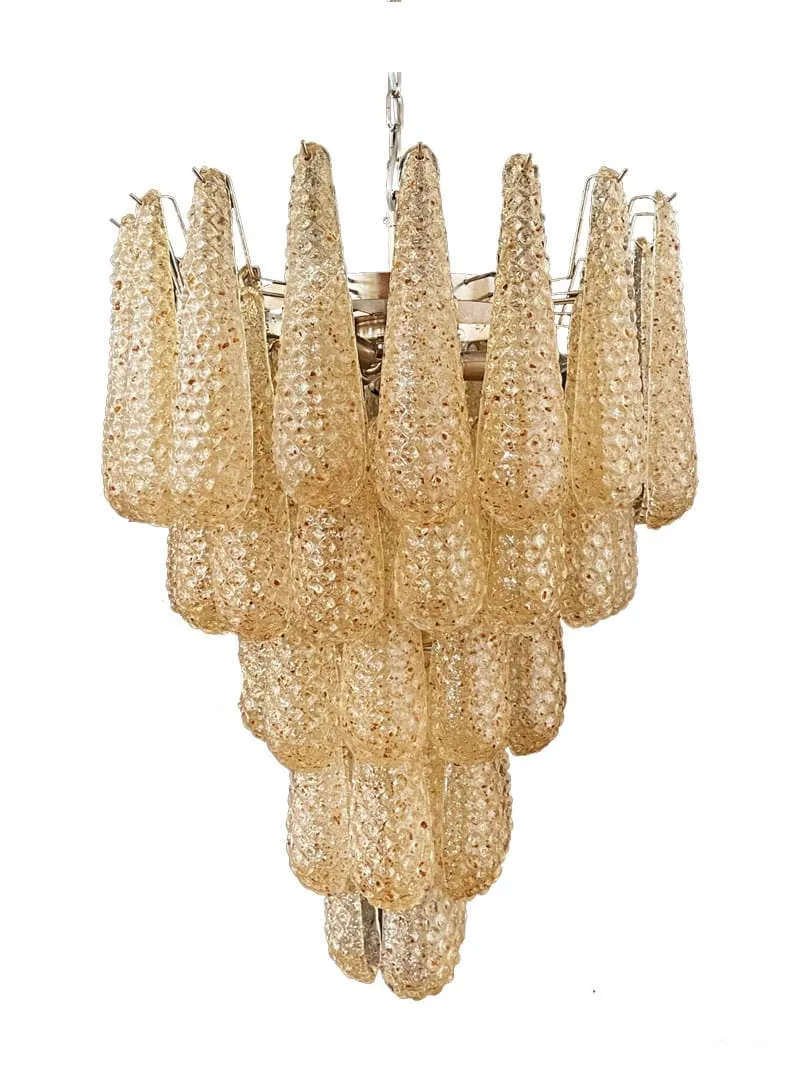 Murano ljuskrona – Droppe – 52 glas – Bärnsten Krom blank