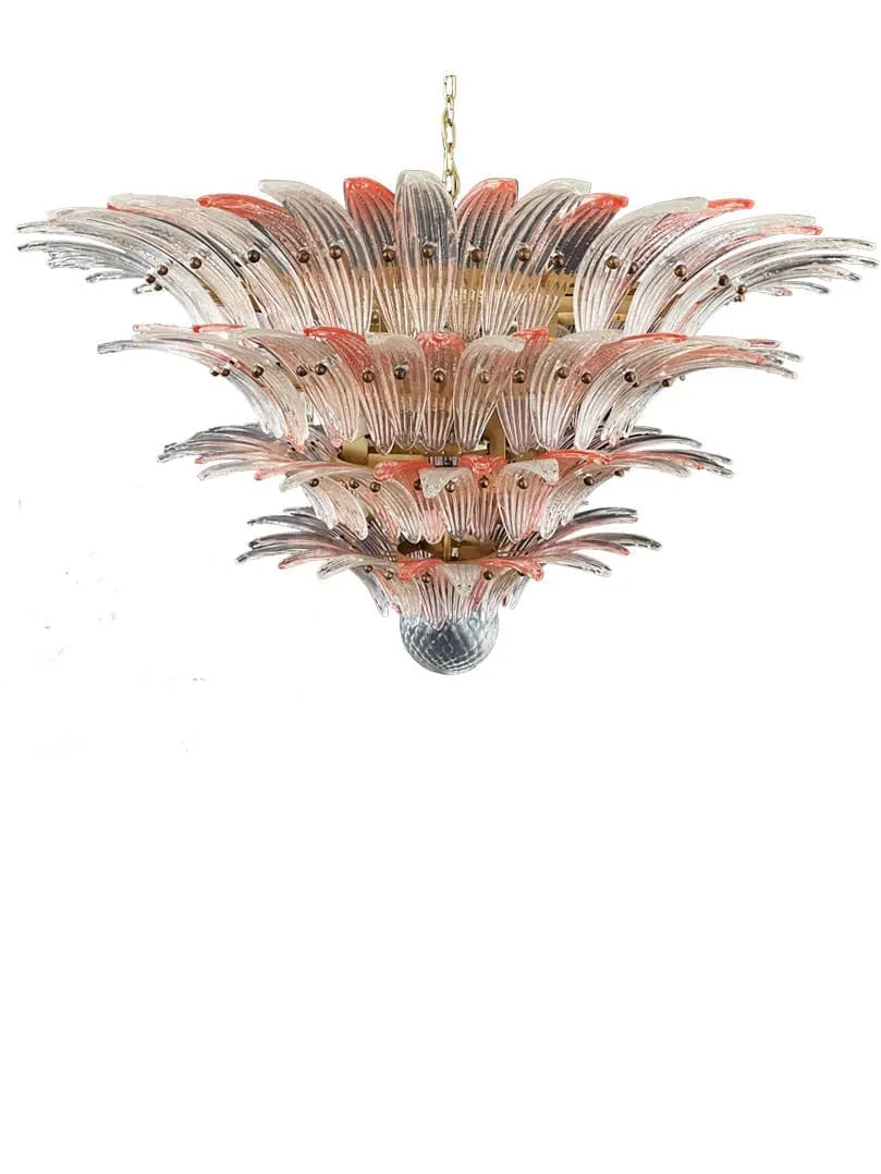 Murano ljuskrona – Palmette – 163 glas – Rosa/Klar Matt guld utan patina