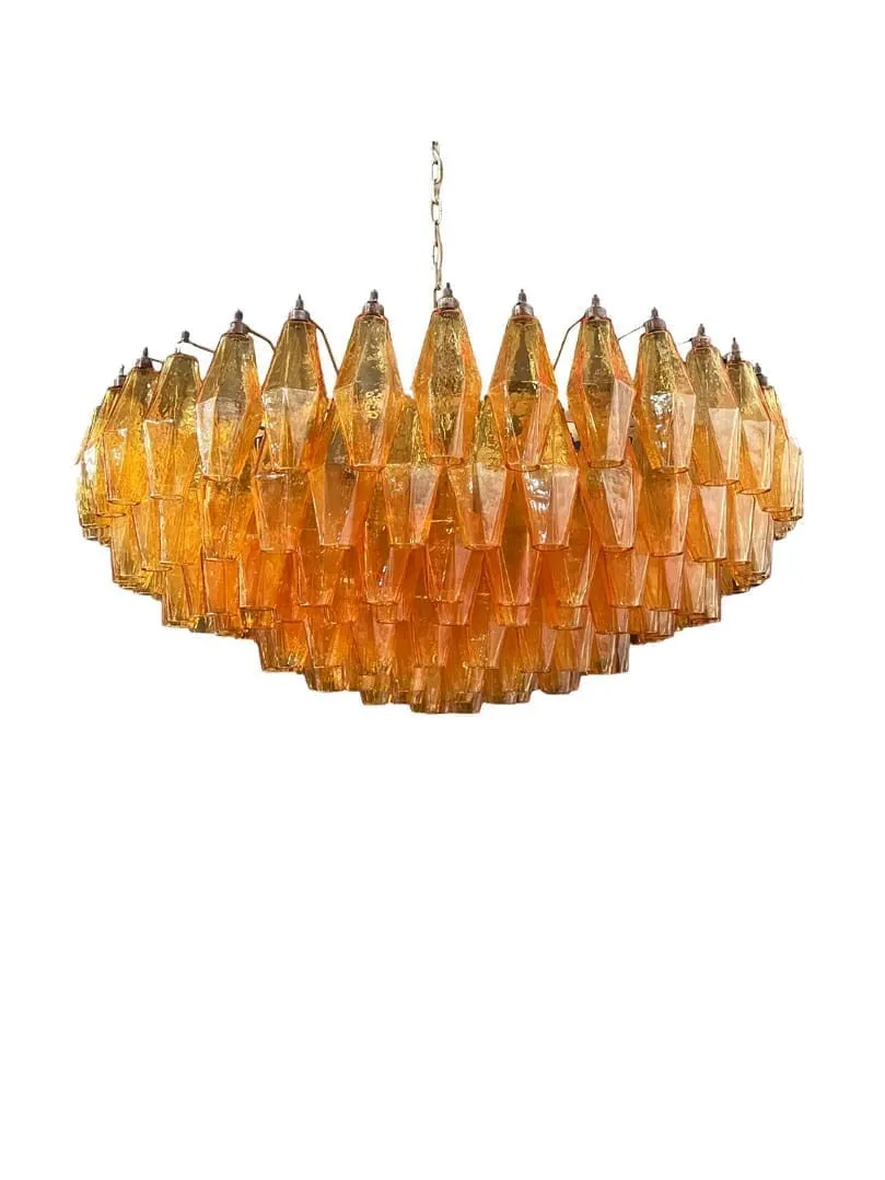 Murano ljuskrona – Poliedri – 185 glas – Bärnsten Matt guld utan patina