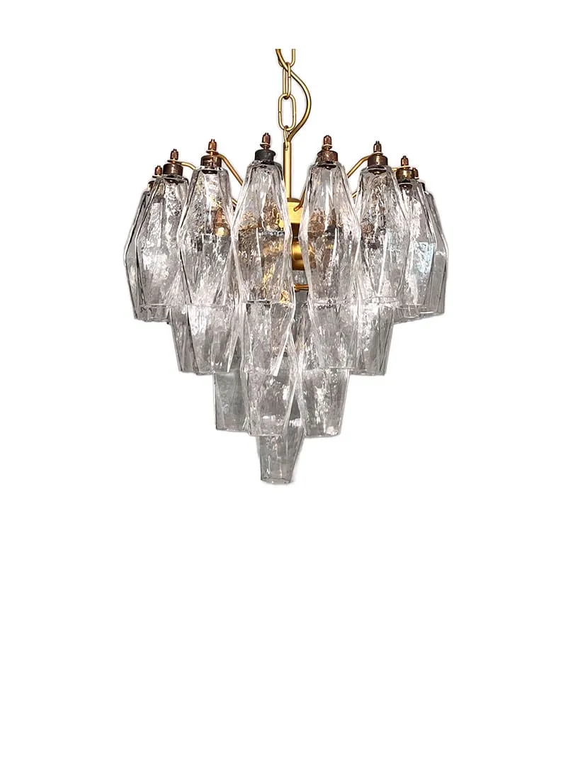 Murano ljuskrona – Poliedri – 32 glas – Klar Matt guld med patina