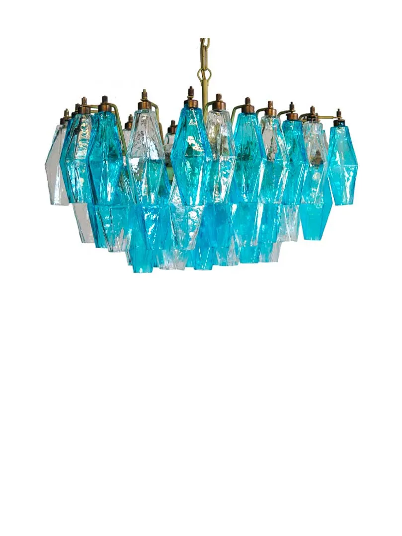 Murano ljuskrona – Poliedri – 56 glas – Blå/Klar Matt guld utan patina