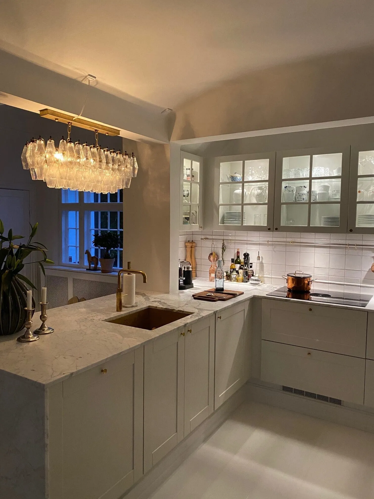 Murano ljuskrona – Poliedri – 84 glas – Klar Matt guld med patina