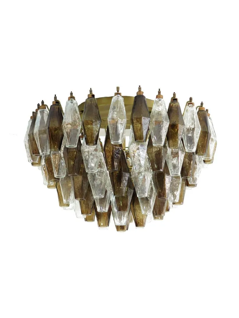 Murano ljuskrona – Poliedri – 84 glas – Rökig/Klar Matt guld utan patina
