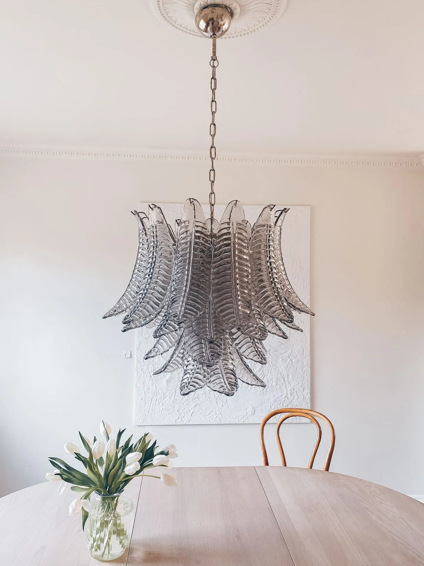 Muranoljuskrona – 36 glasblad – Rökfärgad Krom blank